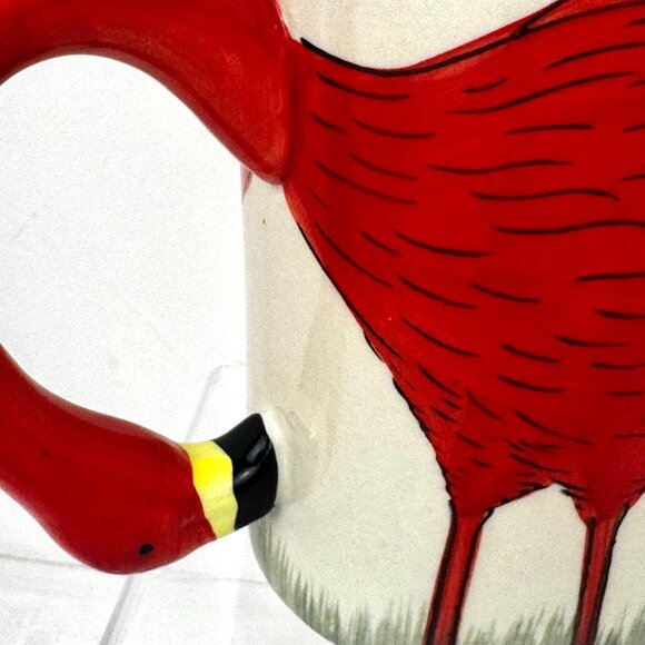 Set 2 Pier 1 Sculpted Fanni Flamingo 3D Red White Coffee Mug Tall 16 oz Hand Pai - Picture 3 of 12